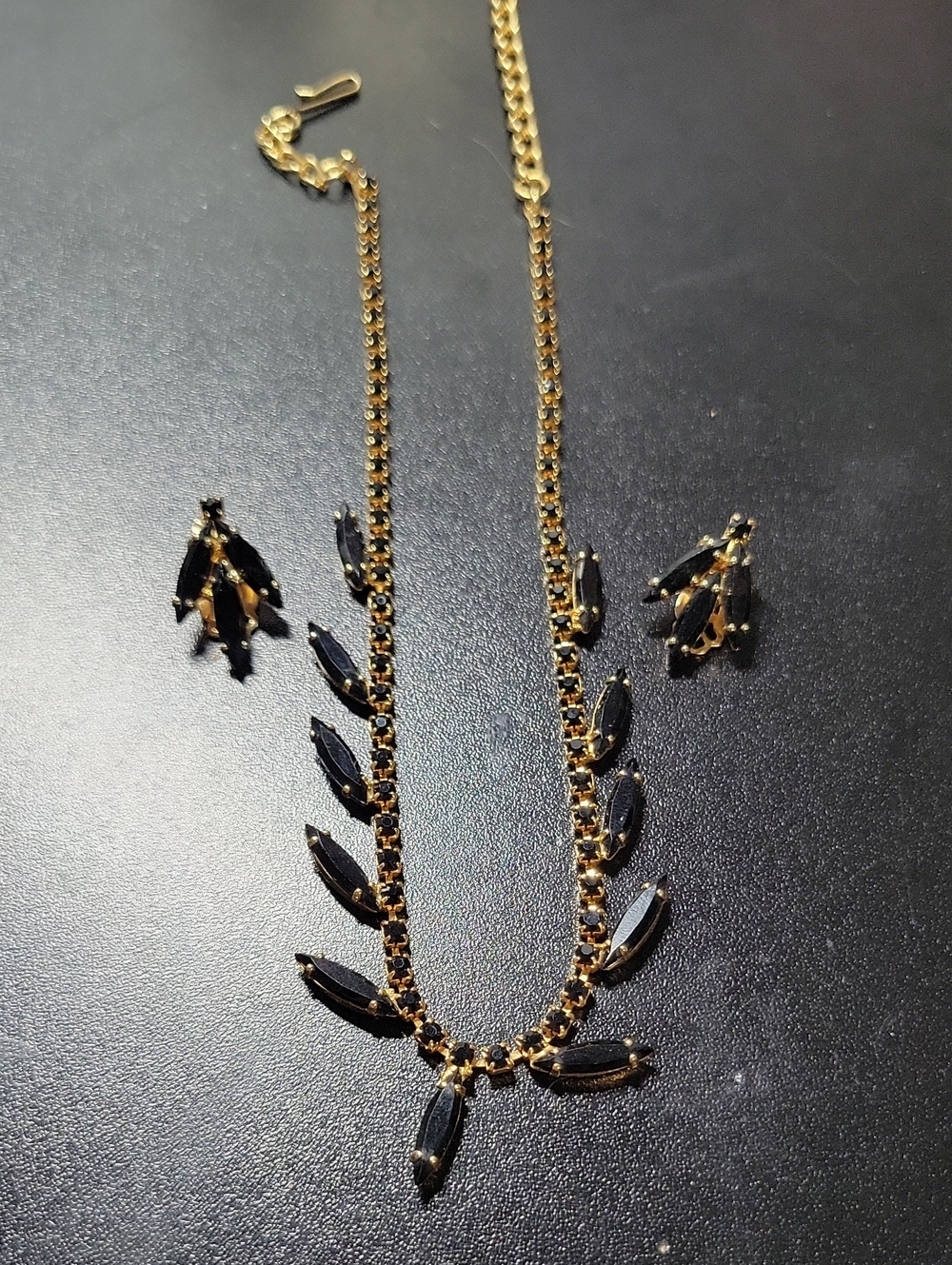 Gold Tone Necklace and Earring Set with Black Stones